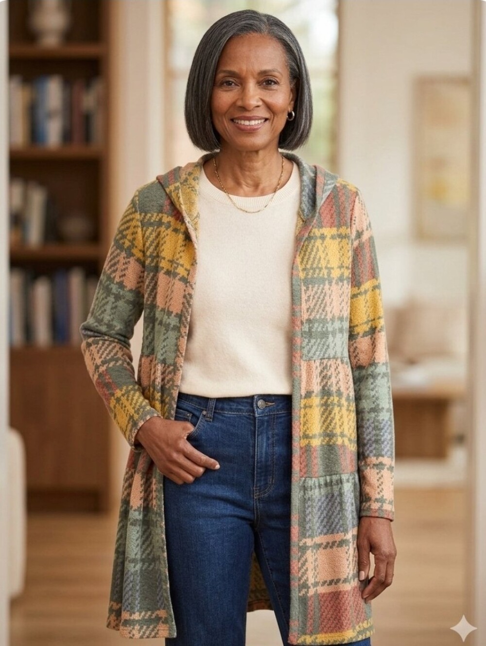 Open Front Plaid Longline Cardigan - Multicolor